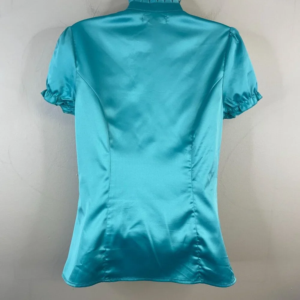 Vintage Y2K Top Medium Coquette Silky Satin Ruffle Puff Sleeve Keyhole High Neck - Picture 8 of 11